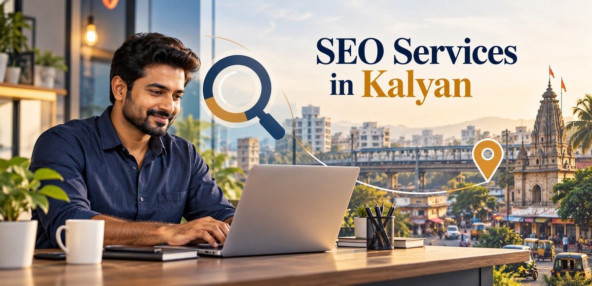SEO services in Kalyan illustrated with a local business owner, search symbol and location pin